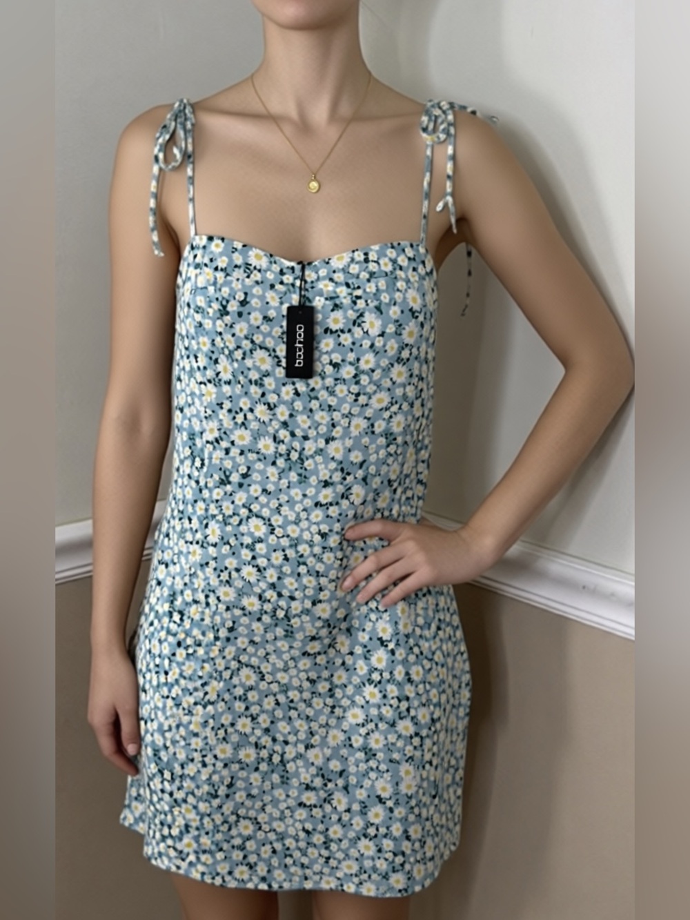 Boohoo Aqua Daisy Tie-Shoulder Sundress
